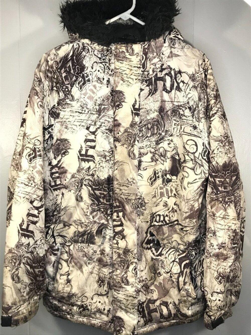 Vintage Fox Racing AOP Grafitti Jacket Mens Md Faux Fur Hood Parka Ski Snowboard